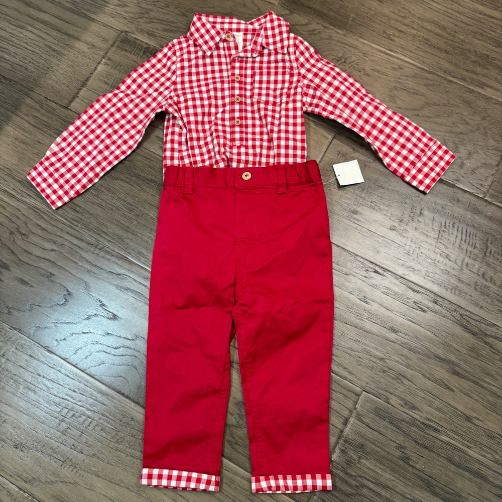 NWT First Impressions Outfit Set Gingham Shirt Red‎ Pants 18 Months